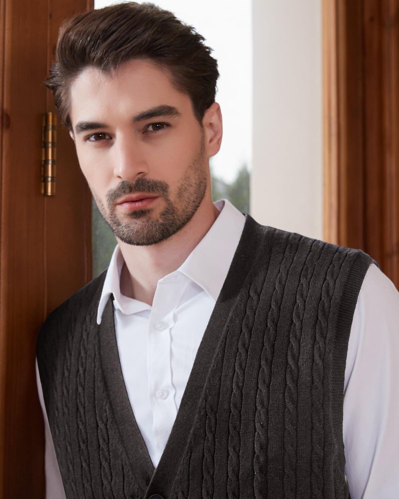 Kallspin Men's Cable Knit Sweater Vest Wool Blend V Neck Button Down Sleeveless Cardigan Vest(Charcoal, Medium) - Image 4